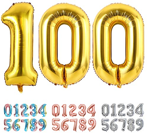 Ponmoo Foil Palloncini Numeri 100 Oro, Gigante Numero 0 1 2 3 4 5 6 7 8 9 10-19 20-29 30 40 50 60 70 80 90 100, Gonfiabili Pallone per Anniversario, Decorazione Feste di Compleanno Palloncino