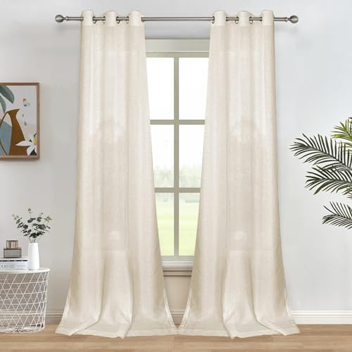 Melodieux Gardinen Beige Transparent Leinen Optik Vorhänge mit Ösen für Wohnzimmer Schlafzimmer, 2er Set 245x140cm
