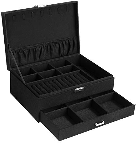 SONGMICS Scatola Portagioie, Custodia per Gioielli, Portagioielli a 2 Ripiani, con Cassetto e Chiave, per Anelli Collane Orologi Orecchini, Nero JBC156B01