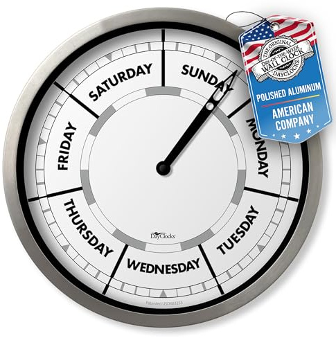 DayClocks Wochentag Wanduhr mit Aluminiumrahmen – Kalendertagsuhr – ideales Ruhestandsgeschenk für Männer und Frauen – 25,4 cm