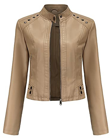 YYNUDA Kort läderjacka motorcykel nitjacka för kvinnor bomber hög krage jacka konstläder flygare vår/höst, Beige färg, S