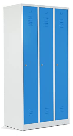 Schrank & Stuhl Spind – Metallspind mit 3 Abteilen in 180 x 90 x 50 cm, Schließfachschrank mit Hutboden & Drehriegelverschlüssen, Lieferung komplett montiert, Grau/Lichtblau