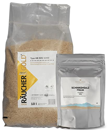 Royal Spice Schinken Komplettset - 250g Schinkensalz Italia Art + 10 Liter Räuchermehl Buche für 5 Kg Fleisch - Fix & Fertiges Set, inkl. Gewürzmischung & Pökelsalz zum Schinken machen