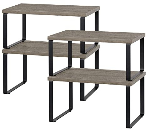 CADUKE Schrankregal-Organizer 4er-Set - Stapelbares Küchenregal, Erweiterbares Thekenregal Aus Holz für Badezimmer, Büro - Grau
