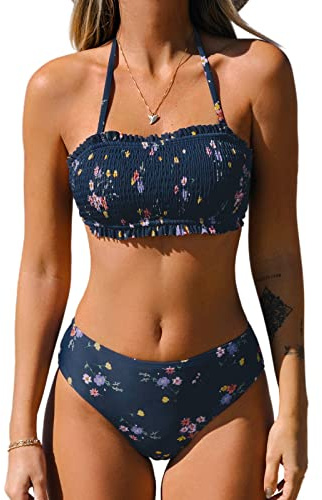 CUPSHE Damen Bikini Set Neckholder Bandeau Rüschen Abnehmbare Träger Blumenmuster Gesmokte Bademode Zweiteiliger Badeanzug Swimsuit Navy Floral L
