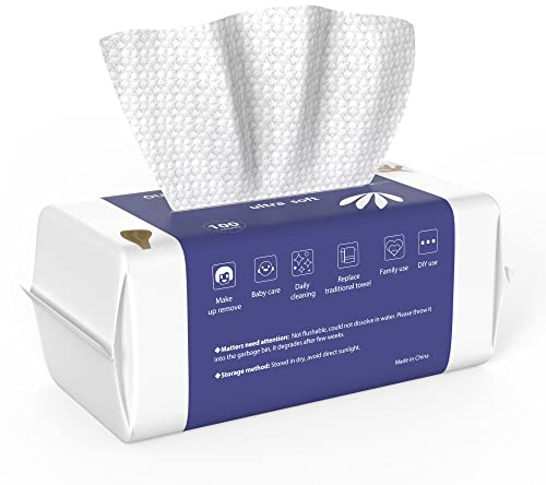 Ourmed Life Face Towels, Disposable Biodegradable Clean Face Wipes for Sensitive Skin, Lint- free Facial Towels for Women Cleansing, Skincare and Makeup Remover, Dry Wipes,100 Count EF Texture