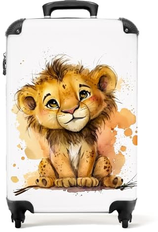 NoBoringSuitcases.com® Koffer Handgepäck Trolley Rollkoffer Kleine Reisekoffer mit 4 Rollen - Löwe - Aquarell - Braun - Tiere - Mädchen - Jungen - 55x35x20cm - Fotokoffer - Kabinenkoffer