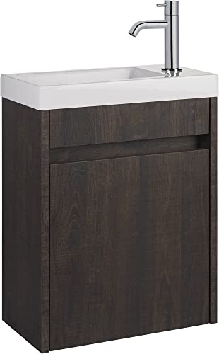 Saqu Florence Gäste WC Waschbecken mit Unterschrank Vormontiert - in Schlossbraun mit Mineralmarmor-Waschbecken - Kleines Gäste WC Bad Möbel mit Waschtisch
