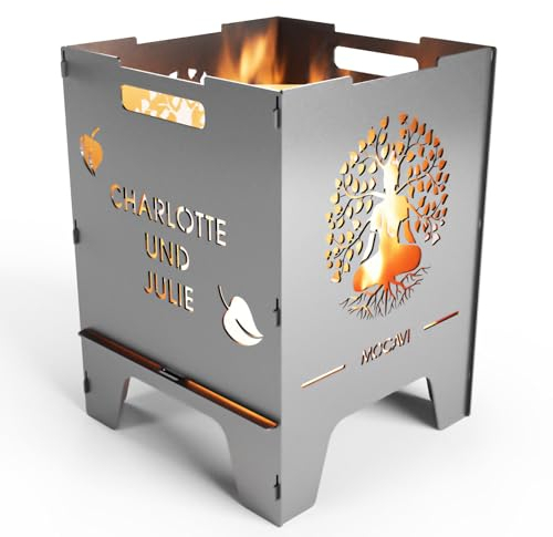 MOCAVI Edelstahl Feuerkorb Lebensbaum 52 cm | 3 mm V2A personalisiert Design-Feuertonne für Garten, Terrasse und Balkon Feuerschale Feuersäule massiv sicher quadratisch Feuerstelle Outdoor hitzefest