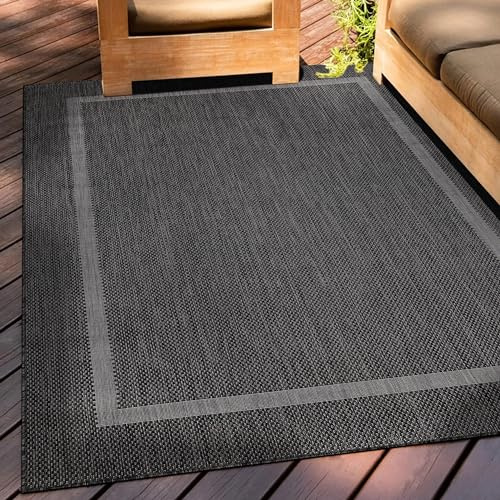 Teppium Outdoor Teppich Wetterfest 160 x 230 cm Schwarz Sisal Optik - Küchenteppich Waschbar rutschfest, Wasserfest, Bordüre, Pflegeleicht - Ideal für Balkon, Terassen, Garten, Camping oder Küche