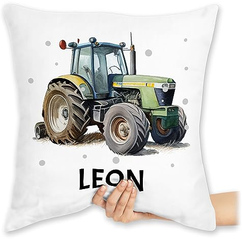 Kissen 40x40 Zierkissen - Trecker Name I Trecker Fan I Traktor Geschenk personalisiert I Geschenk Landwirt - 40 x 40 cm - Weiß - kuschelkissen Bulldog traktorkissen Kinder Landwirtschaft Leon