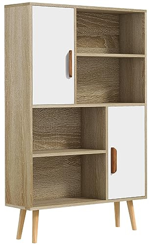 HOMCOM Biblioteca escandinava 4 nichos + 2 armarios con estante dim. 80 x 24 x 123 cm. Patas cónicas inclinadas, madera maciza, roble