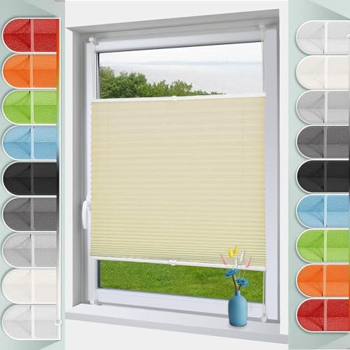 Plissee nach maß,Plissee Faltrollo 80 x 180 cm Blickdicht und lichtdurchlässig Jalousie Faltrollo Fensterrollo Rollo Blickdichtes Falt-Rollo, für Fenster ohne Bohren, Beige