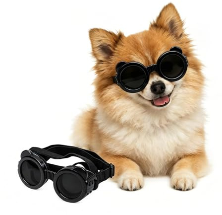 Enjoying Lunettes de soleil pour chien de petite race avec sangles réglables, protection anti-UV pour chihuahua, coupe-vent, anti-poussière, anti-buée, respirantes, noir panda