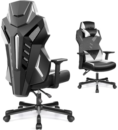 OneGame Video Gaming Stuhl, Atmungsaktiver Computer Racing Style Drehstuhl Verstellbare Rückenlehne Ergonomischer Gamer Desk Chair mit Lendenwirbelstütze, Schwarz mit weiß