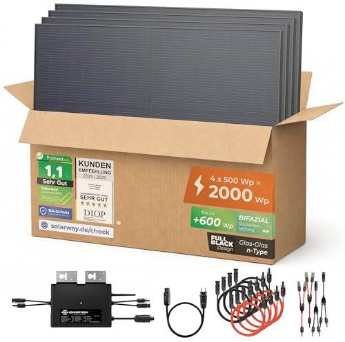 Solarway® Balkonkraftwerk 2000W komplett Steckdose - neuester 2000W Wechselrichter - Solaranlage Komplettset - 500W bifaziale Solarmodule & Envertech & Zubehör