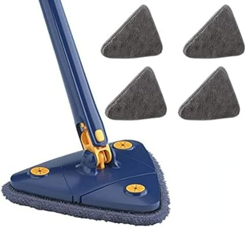 Balai de Nettoyage Rotatif réglable à 360°, Balai Triangulaire avec Eau comprimée Automatique pour Nettoyer la Cuisine, Les Murs, Le Plafond, Les Coins (Bleu + 4 Tissu)