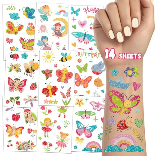 TatoYard Schmetterlings Glitzer Tattoos für Kinder – 14 Bögen temporäre Fake-Tattoos für Jungen und Mädchen, Partytütenfüller für Kinder, Kindergeburtstagsgeschenke, Partygeschenke