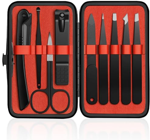 Pince à Épiler et Coupe Ongles 9 Pièces Pince a Epiler Professionnelle - Pince à Sourcils en Acier Inoxydable pour les Outils de Beauté Quotidiens avec Etui en Cuir（Noir/Rouge）