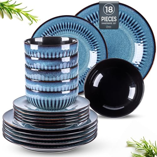 LeRatio Dinner Sets for 6 People, 18 Pieces Handcrafted Embossed Stoneware Plates and Bowls Set, Scratch Resistant Reactive Glaze Dinnerware Set, Dishwasher, Microwave Safe Crockery Set, Space Blue
