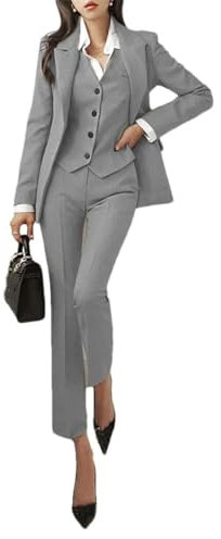 Damen Blazer Set Revers Einreiher Hochzeit Smoking Kleider 3 Stück Set Business Casual Anzug Sets, hellgrau, L