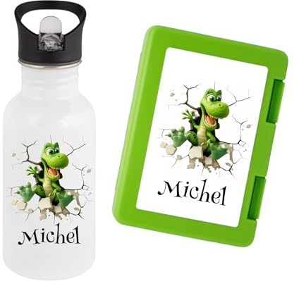 Personalisierte Trinkflasche Kinder Edelstahl mit Dino im 3D Druck [ 400ml ] - Robuste Trinkflasche + Brotdose mit Namen und Dinosaurier als Set - Wasserflasche mit Trinkhalm (Grün)