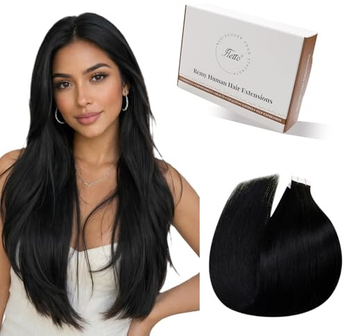 Hetto Extensiones Pelo Natural Adhesivas Negro 55 cm Extensiones de Cabello Humano Adhesivas Natural Liso Remy Invisibles Negro 20pcs 50g #1