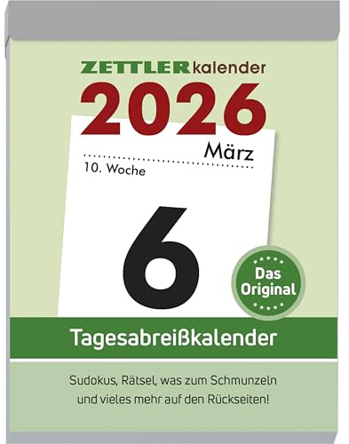 Zettler Tagesabreißkalender XL 2026 – Abreißkalender 8 × 11 cm, 1 Tag pro Seite mit Sudoku, Rezepten, Rätseln & Tipps auf den Rückseiten, FSC-zertifiziert