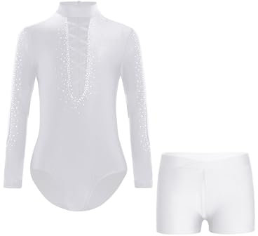 FEESHOW Jungen Turnanzug Kinder Gymnastikanzug Mit Hose Langarm Glitzer Strass Gymnastik Trikot Set Acrobatic Tanzbekleidung Weiß 170