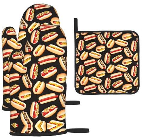 Divertente cibo hot dog stampa vacanza set regalo guanti da forno e presine set resistente al calore impermeabile cottura