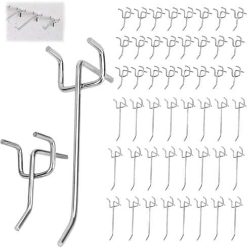 Orixo 50 Pezzi Ganci per Pannelli Forati, Ganci per Pannello Forato, Pannello Portautensili In Metallo a 3 Fori, Metallo Pegboard Hooks per Scaffali Di Supermercati, Negozi Di Ferramenta 10+5Cm