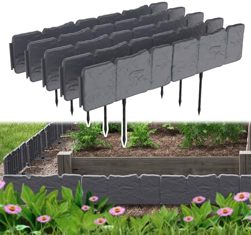 NAIZY Rasenkante Kunstoff 5 m Beeteinfassung mit Bodennägel, Beeteinfassung im Steinoptik Natürlich Mähkante 25x10cm/Stück Gartenpalisade, 20 Stück (Anthrazit)