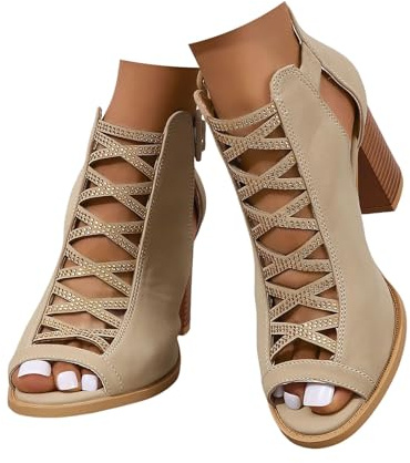 Xbemkste Sandalias de mujer con tacón vintage sandalias romanas con cremallera elegantes tacones altos sandalias peeptoe sandalias de verano zapatos elegantes clásicos de tacón de bloque