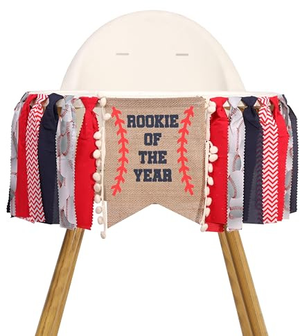 Rookie of the Year 1st Birthday High Chair Banner - Baseball First Birthday Decorations， Rag Tie Fabric Garland, White and Red wall Hangings Decorative, Sports Theme Party Supplies