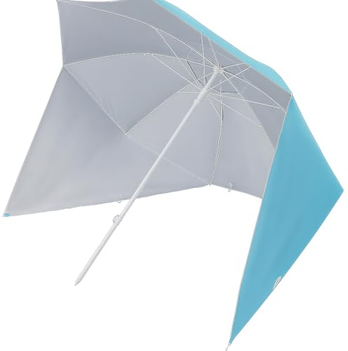 Sombrilla de playa UV con protección solar UPF 50+, 240 cm de envergadura, sombrilla 2 en 1 con función de concha, incluye estacas, lino, bolsa de transporte, para playa y camping, azul claro