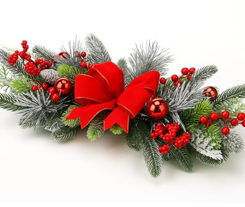 24'' Christmas Table Centerpiece Christmas Swag Decoration with Berries Pine Cone Red Bow Xmas Balls Cedar Artificial Decorative Swag for Dining Table Fireplace Mantel Front Door Wall Windows