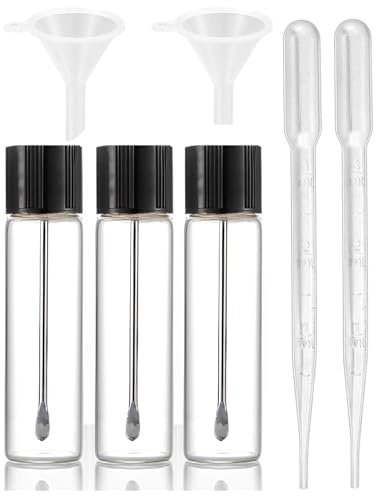 FUGLUS 3 Piezas Viales de muestra de laboratorio,Dosificador 65Mm, Frasco De Almacenamiento, Con Cuchara Telescópica,Frascos de muestra de vidrio transparente,con 2 embudos e 2 goteros
