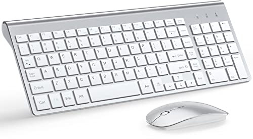 Wireless Keyboard and Mouse Ultra Slim Combo, TopMate 2.4G Silent Compact USB 2400DPI Mouse and Scissor Switch Keyboard Set with Cover, Batteries Included, for PC/Laptop/Windows/Mac - Silver White