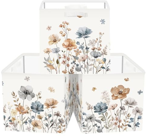 Clastyle 3 Stück Wildblumen Frauen Aufbewahrungsbox Stoff für Kallax Faltbar Aufbewahrungskorb Klein Schrank Organizer Kleiderschrank für Regal,Braun,30x30x30 cm