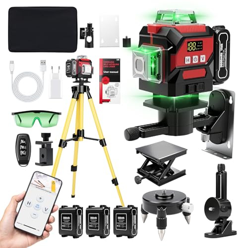 Nivel Laser Autonivelante 360 Grados, Nivel Laser con Tripode, Nivel Láser Verde 4D 16 Líneas, Láser de Construcción 4 x 360 °, Precisión ±1,5mm / 7m con 3 x 3600mAh Batería, APP/Control Remoto