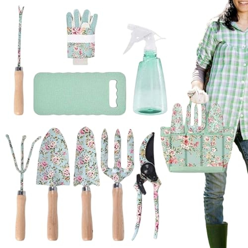 Outils de jardinage pour femmes | Motif floral avec râteau et sac organisateur - Ensemble d'outils de jardinage antirouille | pour femme jardinier pour taille, coupe, creux, plantation en P