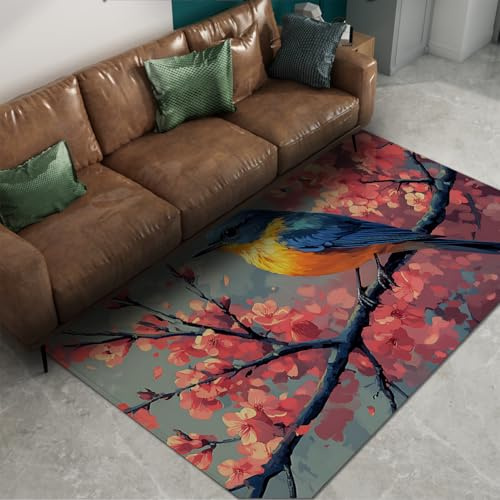 Alfombra Elegante de Estilo Oriental Lavable, Ramas de Flores Rosas, Alfombra de pájaro Azul-Amarillo para salón, Dormitorio, Oficina en casa, residencia Antideslizante 120x160cm