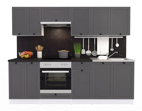 FIWODO Küche mit Elektrogeräten - ERWEITERBAR - Küchenzeile, Einbauküche in Farbe: LANDHAUS GRAFIT MATT, 240cm, mit Spülbecken, Mischbatterie, Herd, Backofen, Abzugshaube, NEUWARE mit GARANTIE