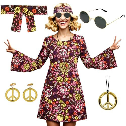 AYBUY Hippie Kostym Dam, Carnival Kostym Kvinnor 70-talet, Inkluderar Hippie Örhängen Halsband Solglasögon Pannband, Hippie Klänning 70-tal för karneval, Halloween, Cos Party