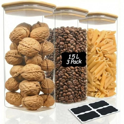 Barattoli di Cucina in Vetro, Set di 3 Barattoli in Vetro Borosilicato, 1500ml Barattolo Vetro con Coperchio, Barattolo e Contenitori con Etichette, per Cereali, Pasta, Zucchero, Caffè, Spezie