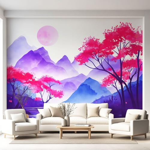 Fotomural Montañas Árboles Reflejos Tono Rosa, Papel Pintado Panorámico para Pared Interior, Mural Decorativo para Hogar Habitación Salón y Estudio, Medida 250 x 175 cm