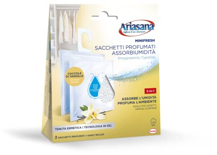 Ariasana Minifresh Coccole di Vaniglia Sacchetti profumati, Sacchetti assorbi umidità armadio e deodoranti 2 in 1, Profumatore armadio, cassetti e piccoli ambienti, sacchetti 2x50g