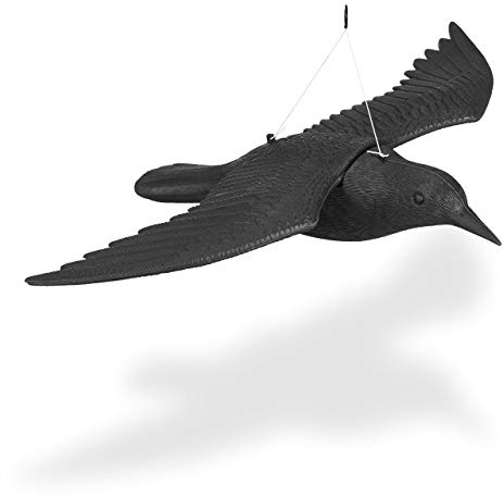 Relaxdays Taubenschreck Krähe, Dekofigur als Vogelscheuche, Fliegender Rabe für Taubenabwehr, Gartenfigur Vogel, schwarz