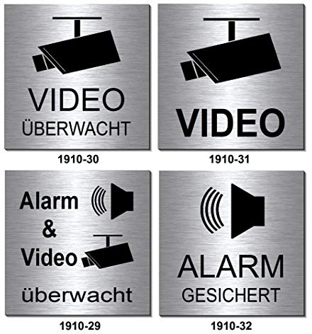 Video + Alarmgesichert-überwacht-Symbol-Schild 100 x 100 x 3 mm-Aluminium Edelstahloptik silber mattgebürstet-selbstklebend Warnschild-Videoschild-Hinweisschild (1910-30 Videoüberwacht)