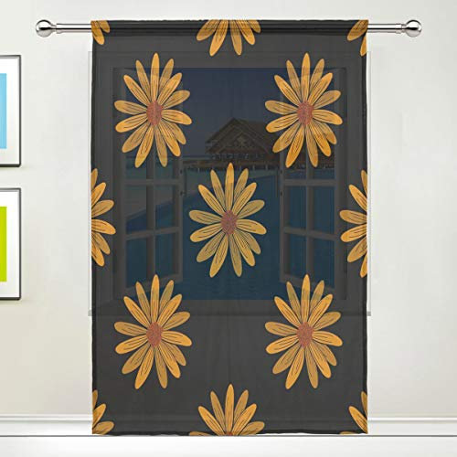 N/E RXYY Voile Window Sheer Curtain Mustard Floral Black Pattern Panel Drapes kitchen Living Room Decor Bedroom Door Office 55x84 inches, 1 Panel